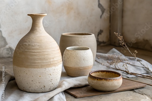 Earthenware Pottery Collection on Rustic Surface