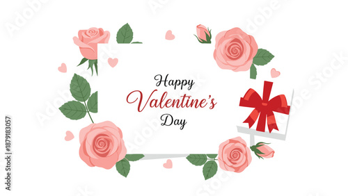Happy Valentine's Day card with a white frame adorned with pink roses, green leaves, small hearts, and a white gift box with a red bow on a white background.