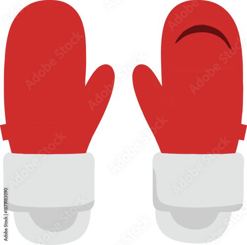 Red winter mittens with white cuffs, playful cartoon style, cute holiday accessory, festive handwear design, flat vector illustration