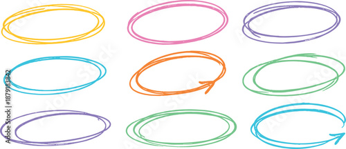 Colorful marker circles and ellipses hand drawn emphasis marks isolated on transparent background