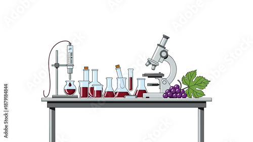 Laboratory setup for wine analysis with various beakers, test tubes, a microscope, and grapes, illustrating scientific research in winemaking on a white background.