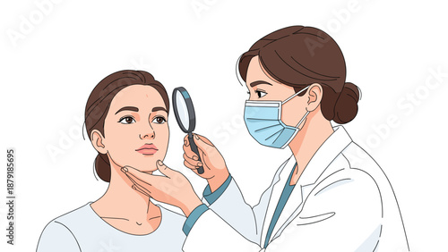 A female dermatologist in a medical mask examining a woman's face with a magnifying glass, illustrating a skin check or beauty consultation on a white background.
