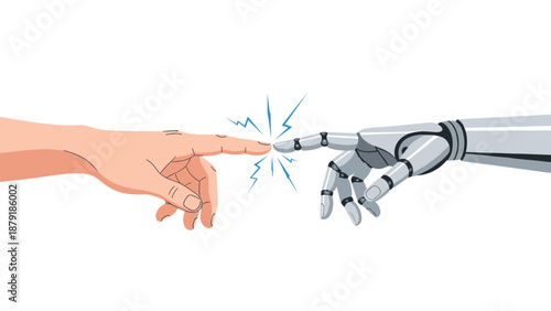 A human hand and a robot hand touching fingertips with a spark, symbolizing connection, artificial intelligence, and human-machine interaction on a white background.