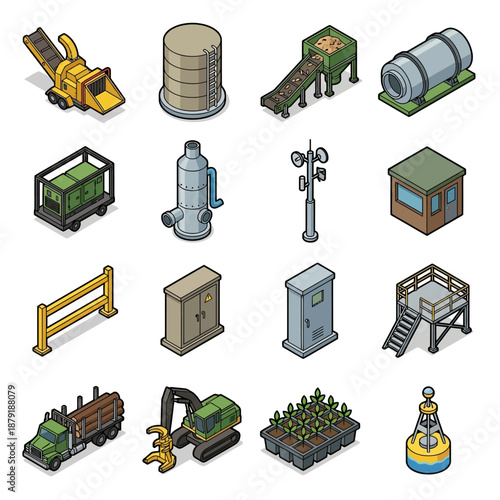 Isometric Industrial and Forestry Equipment Icon Set with Heavy Machinery, Log Truck, Factory Infrastructure, Construction Tools, and Manufacturing Elements for Logistics and Energy Projects