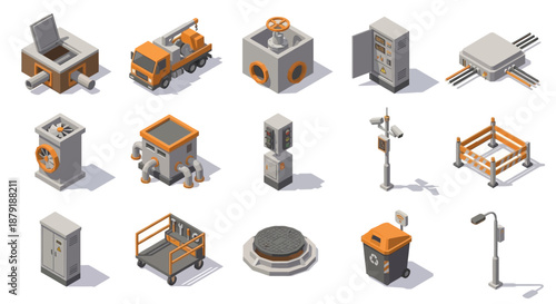 Isometric Industrial Infrastructure and Urban Utility Icon Set for Smart City Planning, Construction Equipment, Maintenance Tools, and Factory Management, 3D Orange and Grey Vector Graphics