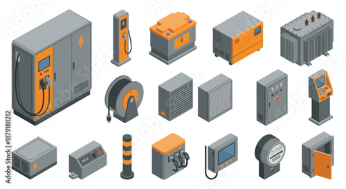 Isometric Electrical Equipment Icon Set for EV Charging Stations, Power Grid Infrastructure, and Industrial Energy Management, Orange and Gray 3D Vector Graphics for Infographics