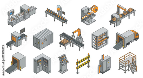 Isometric Industrial Factory and Logistics Icon Set with Conveyor Belts, Robotic Arms, Warehouse Equipment, and Shipping Containers for Manufacturing and Supply Chain Management Illustrations