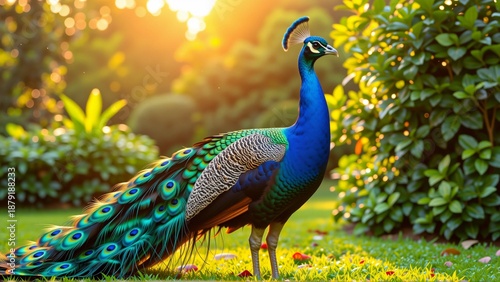 peacock standing grassy lawn garden peacock facing towards right side its head turned slightly its body covered vibrant blue green feathers intricate patterns designs feathers spread out fan like