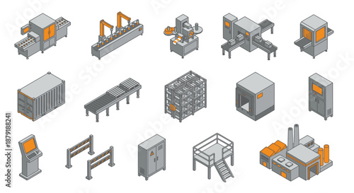 Isometric Industrial Factory and Warehouse Equipment Icon Set for Manufacturing Automation, Logistics Supply Chain, and Production Line Process Design