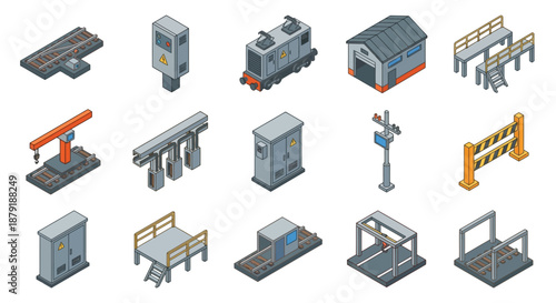 Isometric Railway and Industrial Infrastructure Icon Set for Logistics and Engineering; Features Train Engine, Tracks, Electrical Cabinets, Warehouse, Gantry Crane, and Safety Barriers.