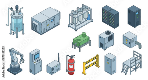 Isometric Factory Machinery and Industrial Equipment Icon Set for Manufacturing Automation, Featuring Robotic Arm, Power Generator, Server Rack, HVAC, and Safety Tools for Technical Design