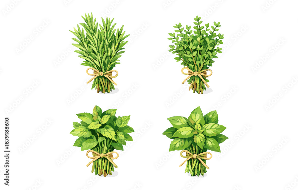 Obraz premium Aromatic herb bundles: rosemary, thyme, mint, basil on white background