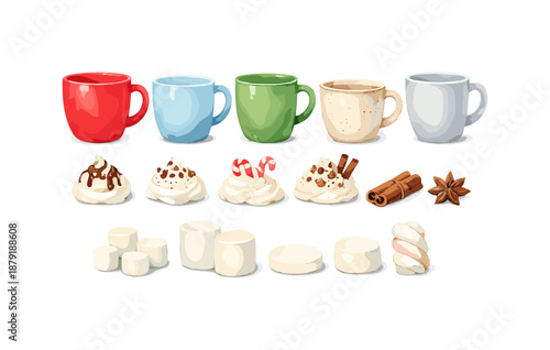 Colorful mugs and festive toppings with marshmallows for cozy winter drinks
