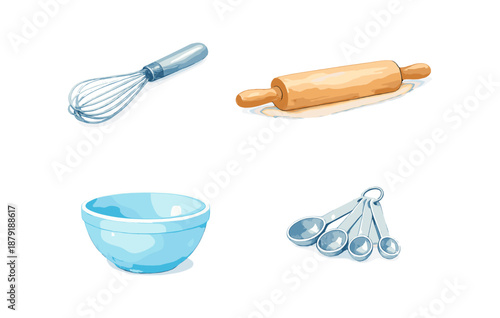 Kitchen baking tools: whisk, rolling pin, mixing bowl, measuring spoons