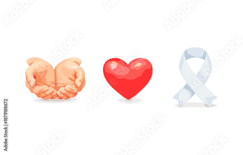 Symbolic hands holding heart and white ribbon illustration for health awareness