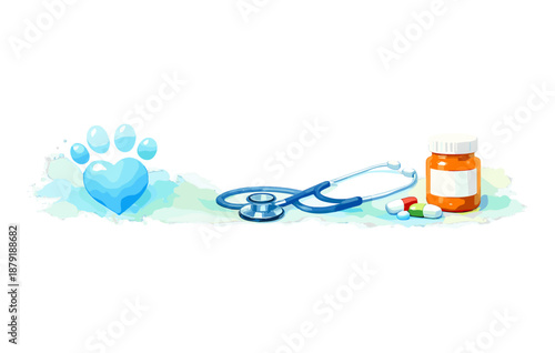 Veterinary care essentials: stethoscope, medication bottle, paw print