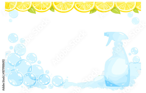 Fresh citrus-themed cleaning spray with lemon and bubbles on white background