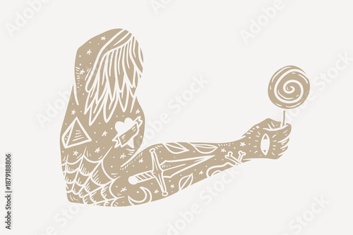 Tattoo arm holding lollipop element, beige design vector