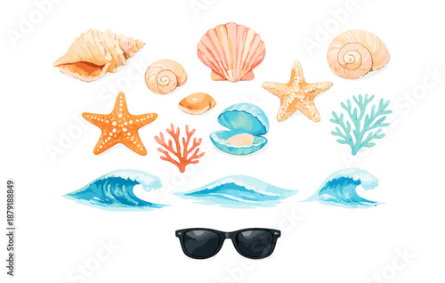 Collection of seashells, starfish, coral, waves, and sunglasses