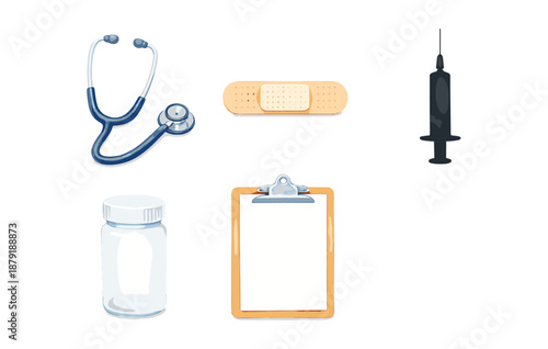 Medical equipment set: stethoscope, syringe, bandage, medicine bottle, clipboard