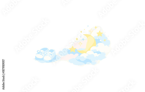 Baby shoes on cloud with moon and stars illustration