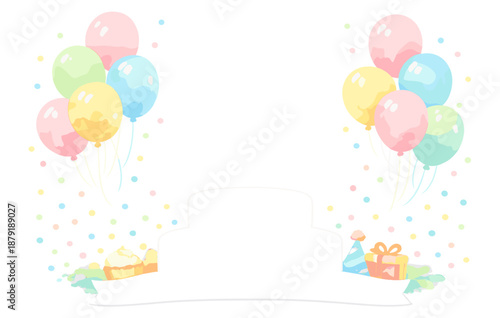 Colorful balloons and party decorations with gifts and confetti on white background