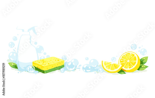 Cleaning supplies with lemons and bubbles
