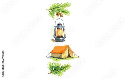 Rustic camping illustration with lantern, tent, and pine branches