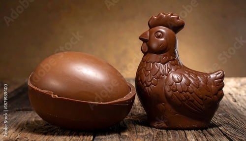 A large chocolate egg alongside a chocolate hen. Both sit on a rustic wooden surface with a soft, gradient background