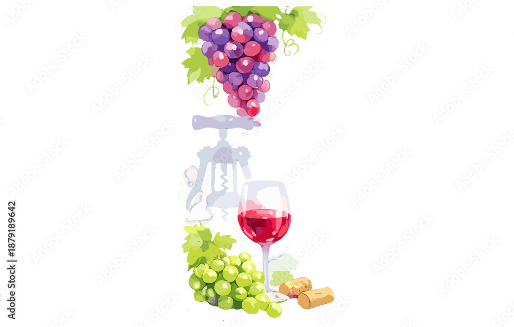 Obraz premium Vibrant grapes and wine glass with corkscrew and corks