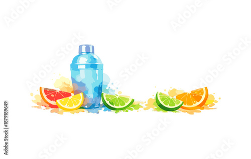 Colorful cocktail shaker with citrus slices: lemon, lime, orange, grapefruit