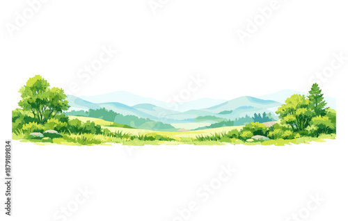 Tranquil spring landscape with lush greenery and rolling hills