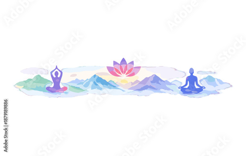 Meditative serenity: silhouettes practicing yoga with mountain and lotus backdrop