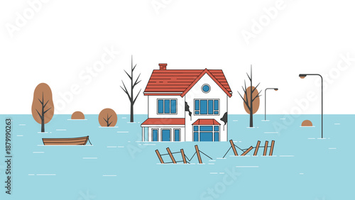 A detailed illustration of a two-story residential house with a red roof and visible damage, standing amidst widespread floodwaters, accompanied by bare trees and streetlights.