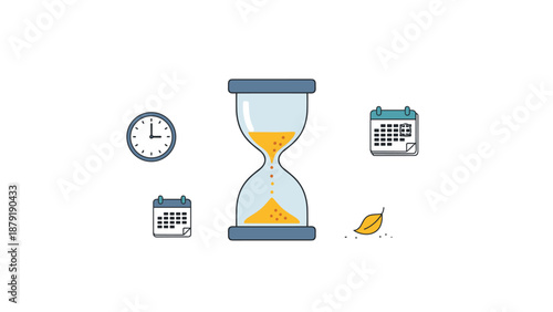 A central hourglass surrounded by various symbolic elements representing the passage of time and natural growth, including a clock, sprouting plants, a sunrise, and a calendar.