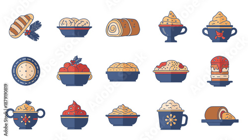 Vector Illustration Set of Traditional Russian New Year and Christmas Holiday Foods