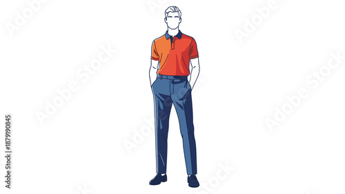 Vector Sketch Illustration of Fashion Male Model Wearing Trousers and Polo Shirt