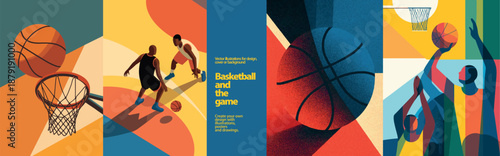 Dynamic Basketball Game & Player Vectors featuring players in action, hoops, and balls with abstract, geometric, and textured styles. Perfect for posters, sports event designs, and digital media.