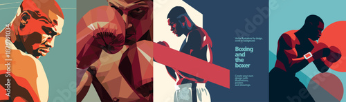 Dynamic Boxing & Boxer Vector Illustrations Set.  Features abstract, geometric, and bold graphic styles, perfect for sports posters, gym branding, and event designs.