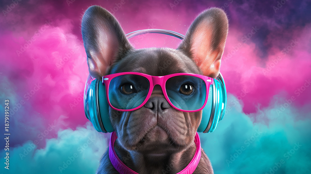 Naklejka premium Neon French Bulldog DJ Close-Up Portrait with Headphones and Pink Glasses, Cute Dog Face, Vibrant Pink Teal Smoke Background, Futuristic Music Vibe