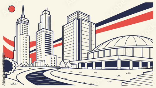 Houston skyline line drawing with skyscrapers resembles a warsaw panorama, ideal for editorial pieces, articles, or urbanthemed designs and marketing materials.