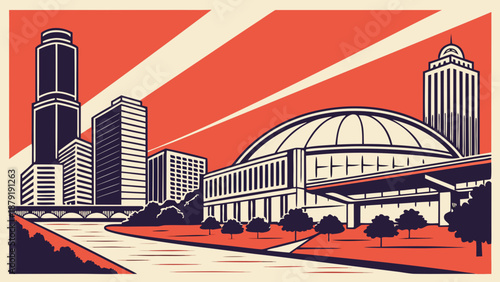 Houston skyline featuring dome building is ideal for showcasing urban landscapes in travel guides, real estate ads, and city promotions.