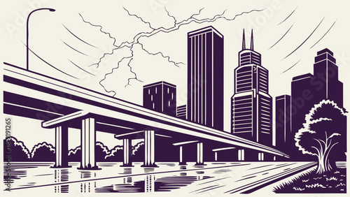 Houston skyline during stormy weather with a artistic rendering resembling chicagos cityscape, perfect for cityscape photography or urban designs.