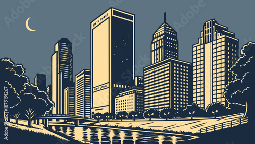 Houston skyline featuring urban buildings and river scenery. Suitable for travel magazines, city guides, and urban development presentations.