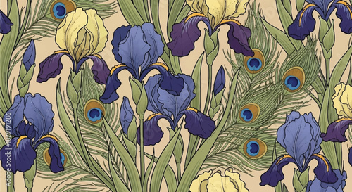 Art Nouveau Illustration of Purple Iris Flowers and Peacock Feathers with Golden Accents
