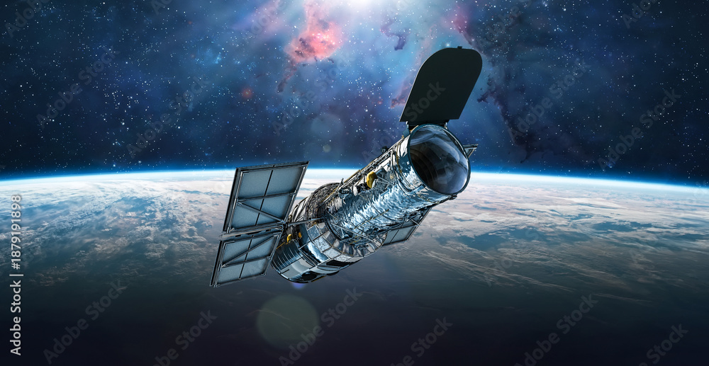 Fototapeta premium Space telescope Hubble on orbit of Earth planet. Stars and galaxies science research. Elements of this image furnished by NASA. Photo collage. Not AI