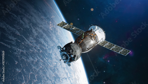 Spaceship on orbit of Earth planet. View from ISS station. Nebula and stars. Spaceship. Elements of this image furnished by NASA. Photo collage. Not AI