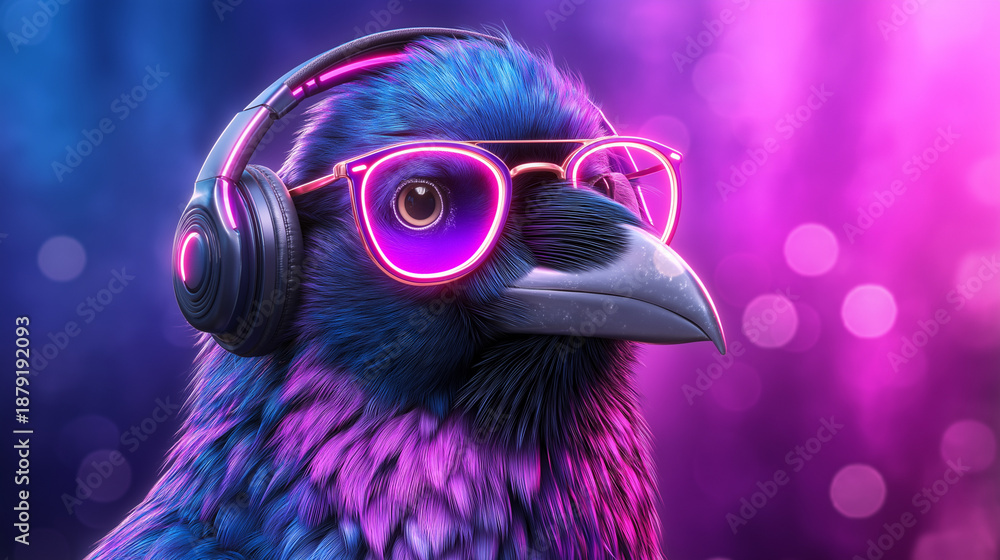Fototapeta premium Neon Raven DJ Portrait Wearing Headphones and Pink Glasses, Futuristic Bird Character, Vibrant Purple Blue Bokeh Background