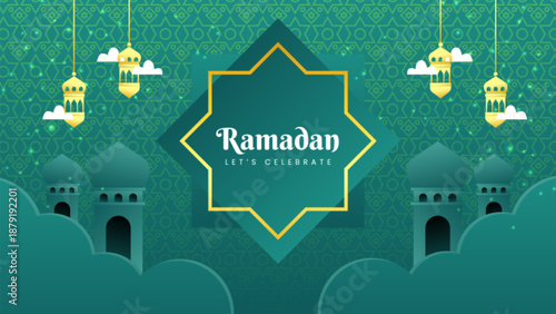 Ramadan festive background with mosque silhouette and lantern decorations