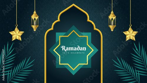 Elegant Ramadan Kareem Background with Golden Lanterns and Star Decorations